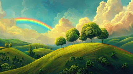 Summer landscape with green grass and blue sky with clouds and rainbow ,Beautiful summer landscape with green meadow and rainbow in the sky