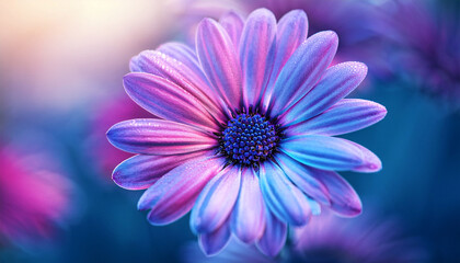 close up purple daisy with blue and pink hues highlighted against a dreamy
