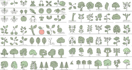 Trees line icon set. Vector pictograms of roots, branches, leaves, fruit, apple, orange, evergreen, tropical, thin linear illustration.