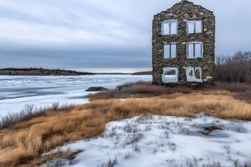 Frozen River Landscape with a Stone Ruin Building Winter Scenery