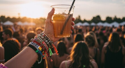 Hand holding a cocktail with festival bracelets at sunset  