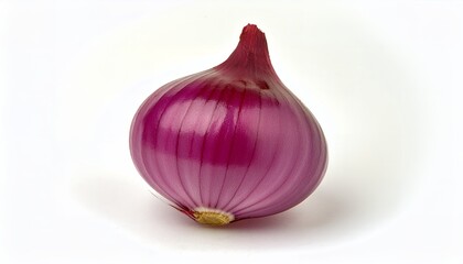 Fototapeta premium A single red onion, its papery purple-tinged skin glossy and taut, sits on white highlighting the bulb’s layered structure, savory aroma, and versatile role in culinary dishes.