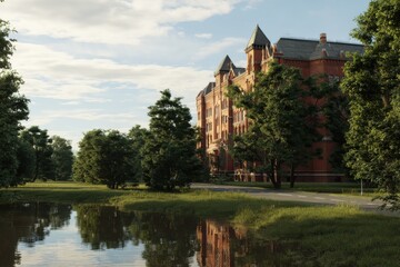 Naklejka premium Brick building with turreted rooftops on a tranquil campus. Lush green trees and a calm pond reflect the sunlight.