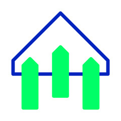Stylized minimalist icon presenting a house facade with bright green fence posts