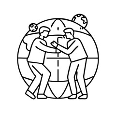 people hugging globe icon, people hugging globe line art - simple line art of people hugging globe, perfect for people hugging globe logos and icons