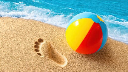 Obraz premium Colorful Beach Ball and Footprint on Golden Sand at Shoreline with Gentle Waves and Clear Blue Water