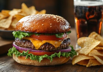 Juicy cheeseburger with fresh vegetables served with crispy chips and soda on a rustic wooden table in a cozy diner setting