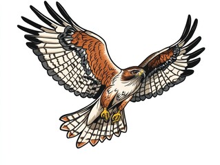 Fototapeta premium Red-shouldered hawk soaring, wings spread, isolated white background. Wildlife illustration for nature, design