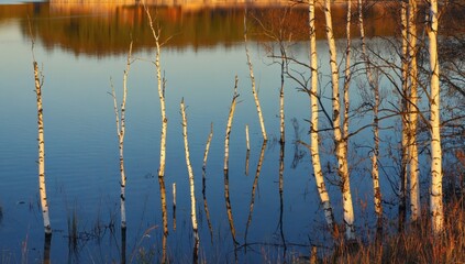 Fototapeta premium Serene still lake with reflective water and bare trees at sunset for nature serenity concept
