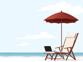 Vector flat scene of digital nomad lifestyle, tropical beach, lots of open sky for slogans 