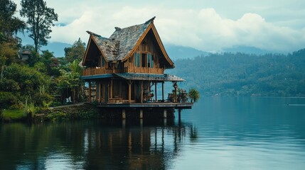 Obraz premium Idyllic wooden house overlooking a tranquil lake surrounded by lush nature