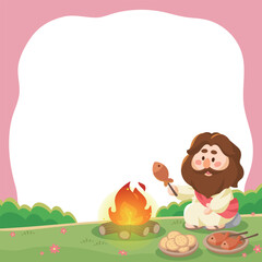 Cute Jesus Cooking Fish with Pink Sky and Blank Space. Ideal for church, Sunday school, or Bible-themed projects.