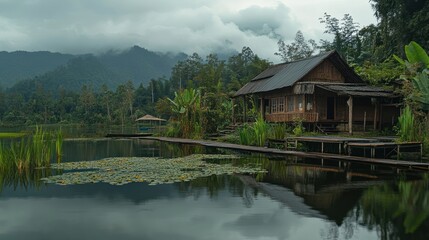 Fototapeta premium Tranquil Lakeside Retreat: A rustic cabin amidst misty mountains and serene waters