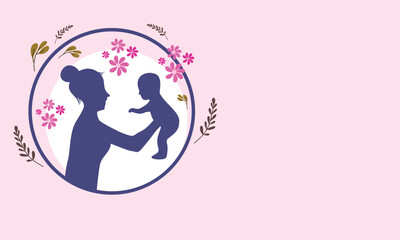 Silhouette of Mother Holding Child with Floral Design for Mother’s Day