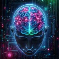 Futuristic human brain with neon glowing lines and intricate synapse networks in cyan, magenta, and violet colors, set in a dark cyberpunk environment with ultra-detailed lighting