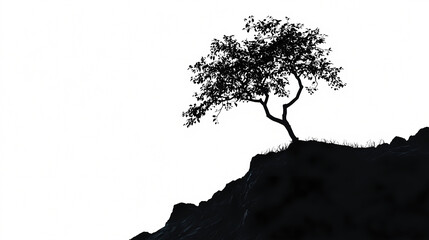 Silhouette Tree on Hill: A stark black and white image showcases a lone tree silhouetted against a bright sky, perched on a rugged hill.
