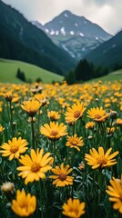 Obraz premium Macro close-up of yellow flowers in the meadow under the Swiss mountains, rich details