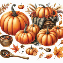 Watercolor Hand-Drawn Fall Pumpkin Composition on White Background 