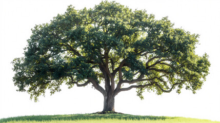 Fototapeta premium Majestic Oak Tree in Sunlight: A robust oak tree, its expansive crown brimming with vibrant green leaves, stands proudly against a backdrop of soft sunlight, symbolizing strength, growth.