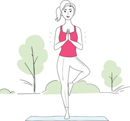 Minimalist hand-drawn illustration of young woman yoga outdoor in a park. Girl wearing red tank top. Simple trees and grass background. Clean vector, modern, perfect for wellness, healthy lifestyle