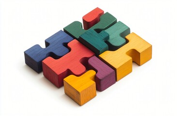Obraz premium Colorful Wooden Puzzle Pieces Interlocking Together Representing Teamwork and Solutions