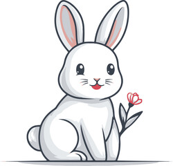 Obraz premium Cute white rabbit holding a flower in a playful pose with a friendly expression in a light background