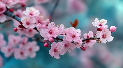 Blühender Kirschzweig mit weißen und rosa Blüten im Frühling
