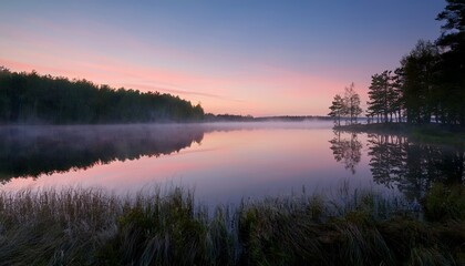 Fototapeta premium A serene lake reflects the vibrant hues of a sunset sky, with mist gently rising from its surface. Lush green trees frame the scene, creating a tranquil and picturesque natural landscape