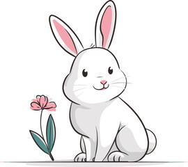 Obraz premium Cute white rabbit sitting next to a pink flower in a simple, colorful illustration surrounded by soft pastel tones