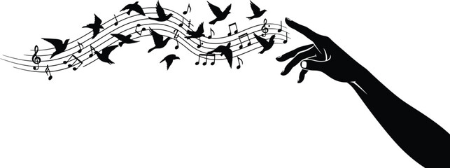 Hand Releasing Birds Transforming into Music Notes