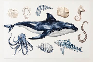 Fototapeta premium Watercolor Ocean Wildlife Illustration featuring Whale Seahorse Octopus and Shells Perfect for Kids Room Decor