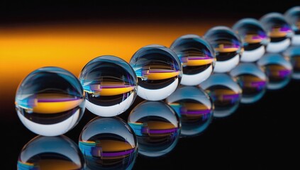 Artistic display of crystal clear glass spheres in slow motion with colorful reflections for creative design concepts