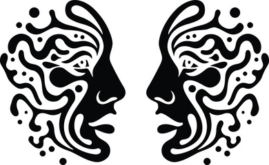 Merging Faces: Abstract Black and White Vector Art