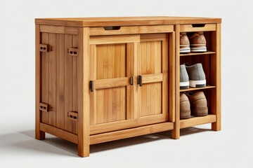 Stylish Wooden Storage Unit with Sliding Doors and Open Shelves