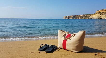 Beach Bag and Flip-Flops on Sandy Shore with Ocean View and Cliffs in Background