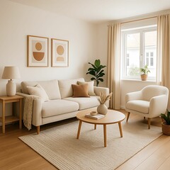 A cozy, modern living room with neutral tones, minimalistic decor, natural light, and comfortable furniture.