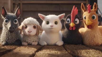 Fototapeta premium A group of animals, including a cat, a chicken, and a horse