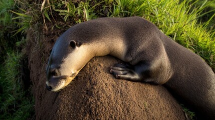 Naklejka premium Large Otter Resting Comfortably on a Rock Surrounded by Lush Green Grass in a Sunlit Natural Habitat