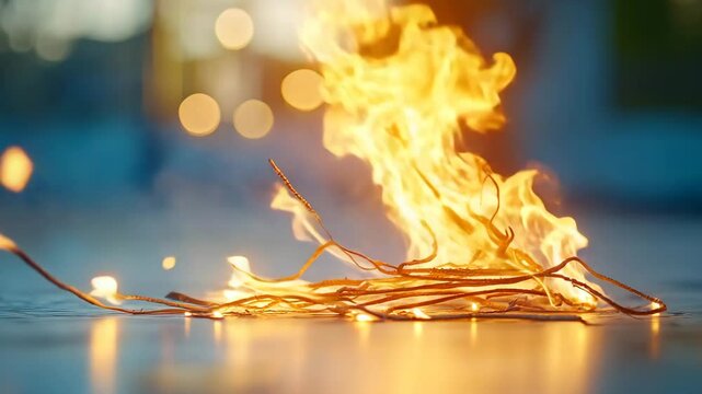 Flames Dancing on Wood Shavings with Bokeh Background Effects
