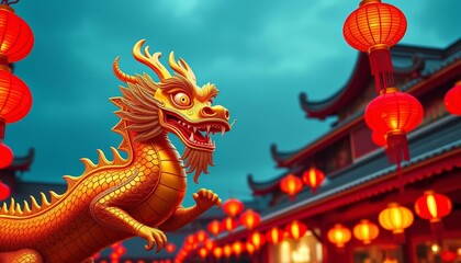 Fototapeta premium Golden dragon, red lanterns, festive decorations illuminate a vibrant Chinese New Year celebration Ample empty space, prosperity symbols, fortune