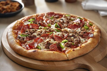 Delicious Supreme Pizza with Pepperoni Sausage Mushrooms Peppers hot food meal meat tasty lunch     