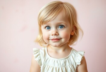 Naklejka premium A young girl with blonde hair and bright blue eyes standing in front of a soft, pastel-colored wall.