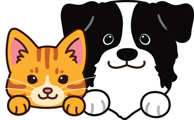 Simple and adorable illustration of Border Collie and Red Tabby cat