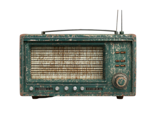 an old radio with rusted metal panel