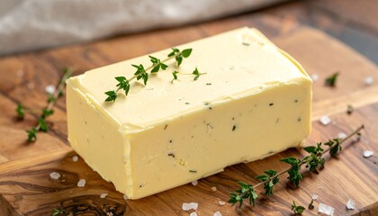 A block of creamy butter infused with herbs and sea salt, garnished with fresh thyme sprigs, resting on a wooden surface for a rustic and appetizing presentation.