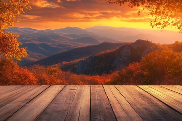Autumn beautiful background with sunset over mountains and empty wooden table in nature outdoor. Natural template landscape.
