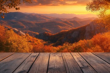 Autumn beautiful background with sunset over mountains and empty wooden table in nature outdoor. Natural template landscape.