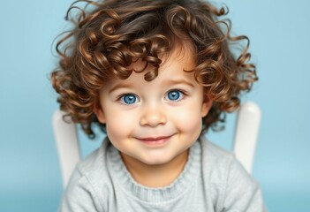 Naklejka premium Portrait of a 3-year-old male toddler with blue eyes and curly hair