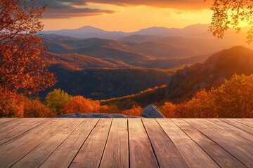Autumn beautiful background with sunset over mountains and empty wooden table in nature outdoor. Natural template landscape.