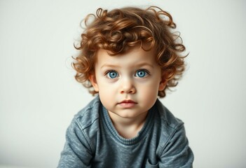 Naklejka premium Portrait of a 3-year-old boy with curly brown hair and bright blue eyes